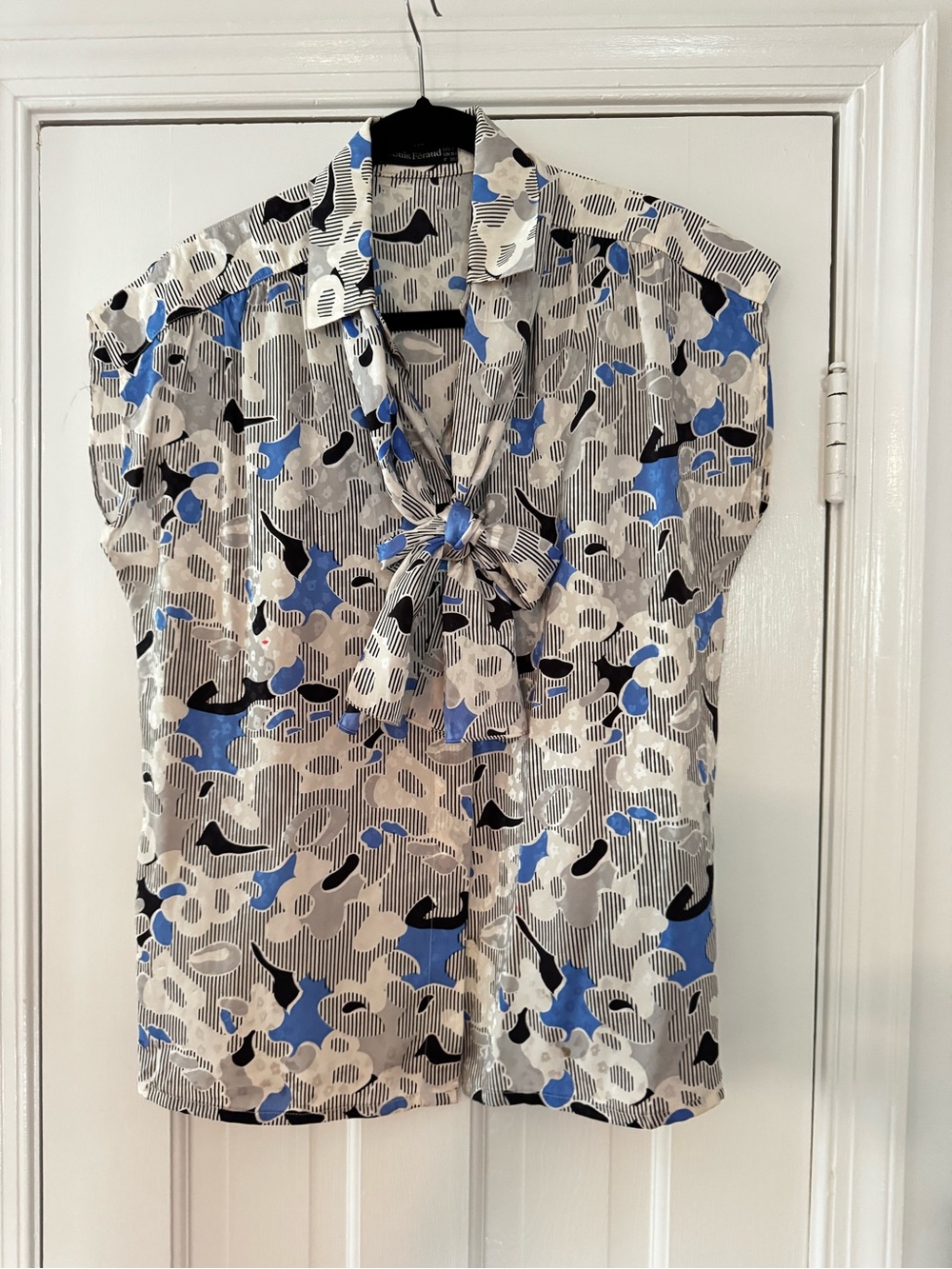 VINTAGE: Louis Feraud Blue, Gray Black Abstract Silk Tie-Neck Blouse